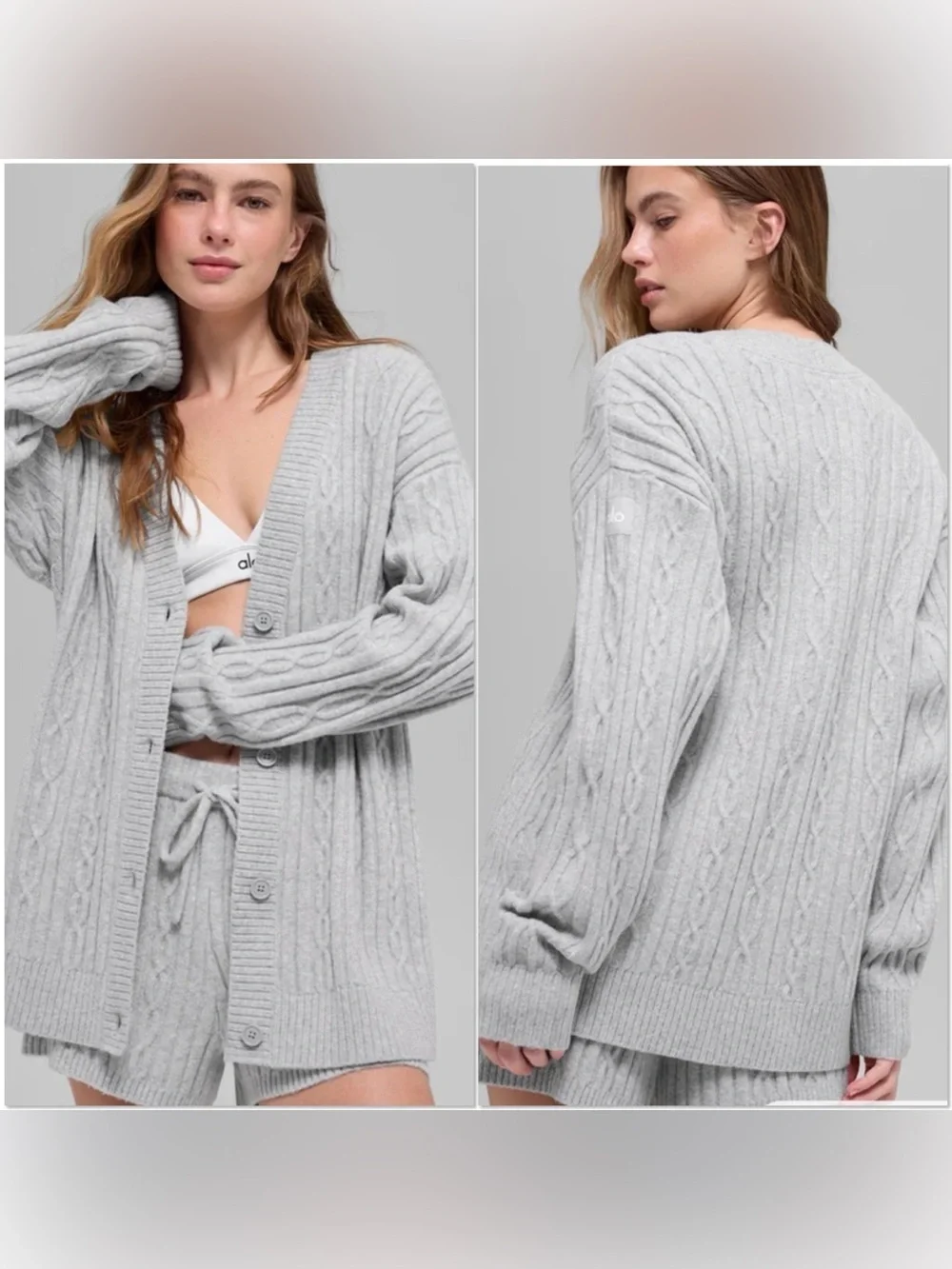 Alo Athletic Heather Cable Knit Winter Bliss cardigan